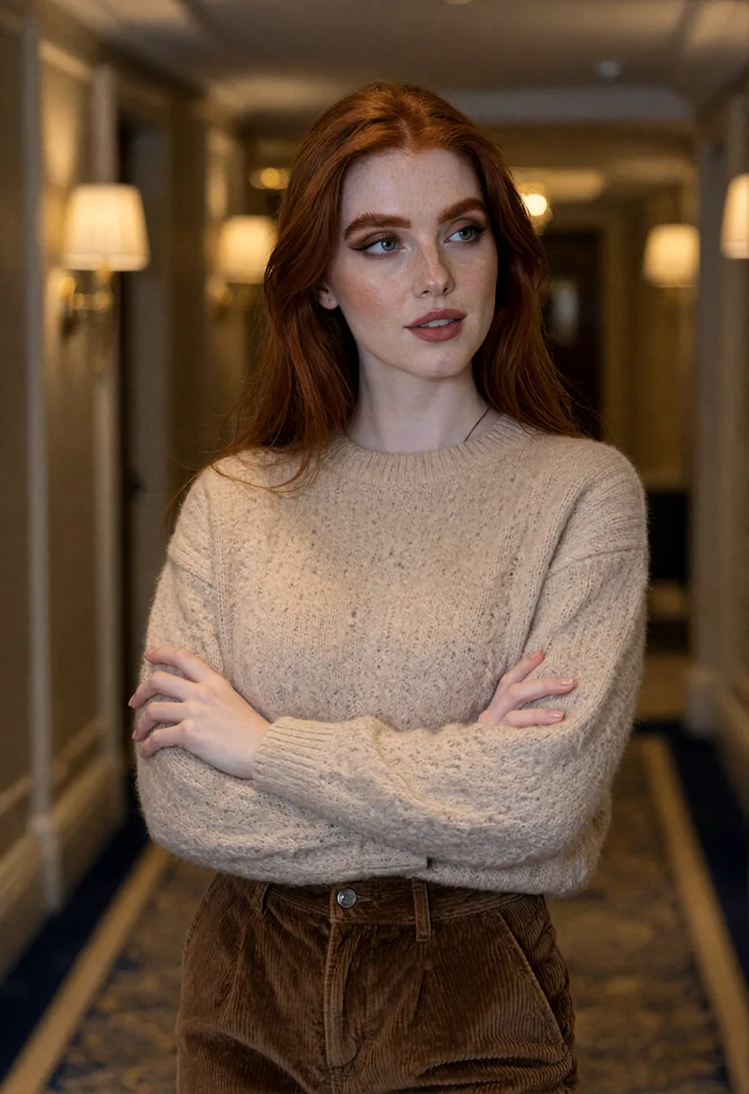Aurora with folded arms in a beige sweater and brown corduroy trousers, in a warmly lit hotel corridor.
