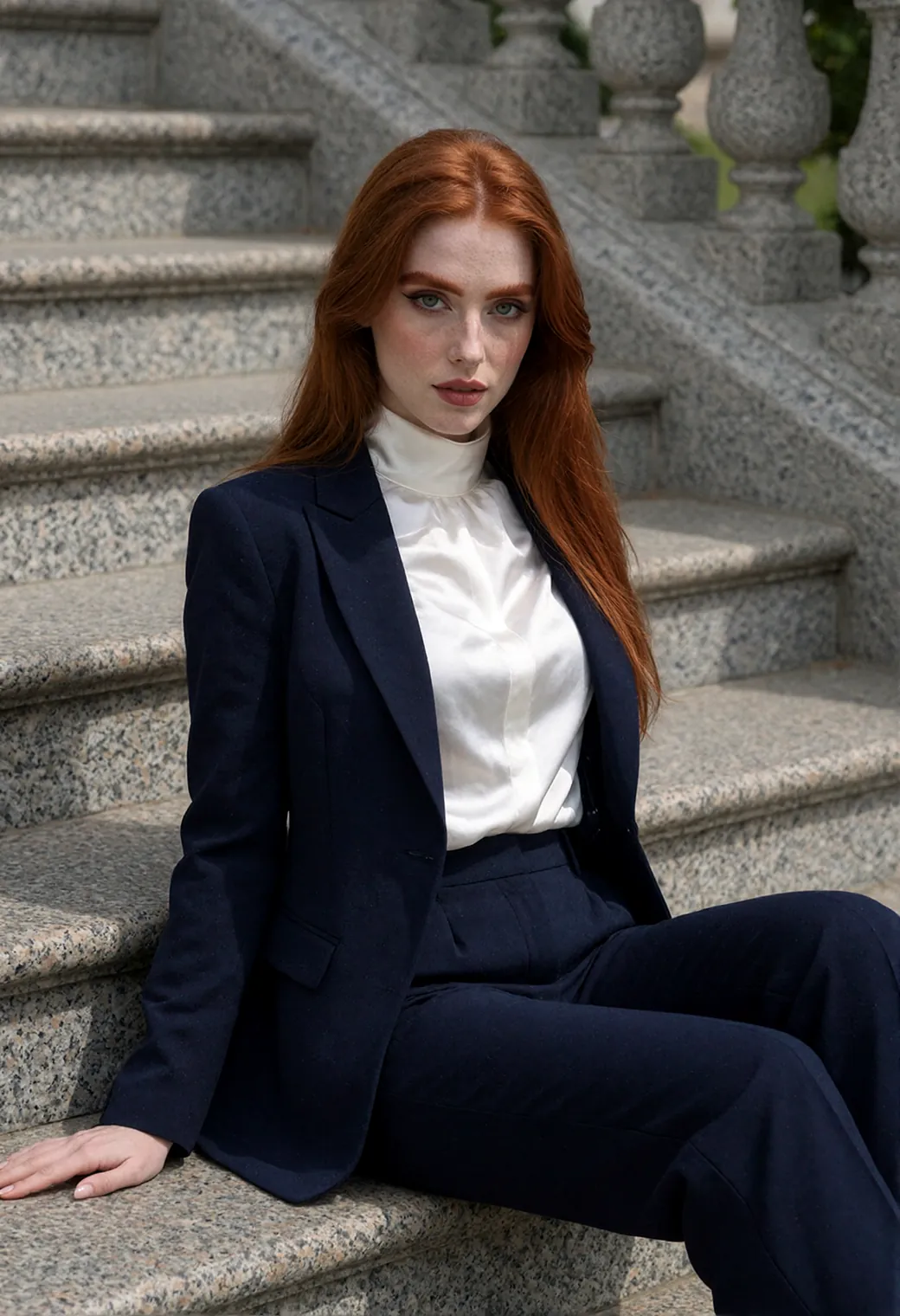 Aurora in a navy suit and white blouse, sitting on granite steps with a quiet smile.