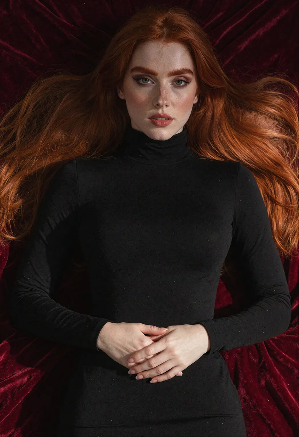 Aurora seen from above, lying on crimson velvet with her hair spread around her and her hands clasped.
