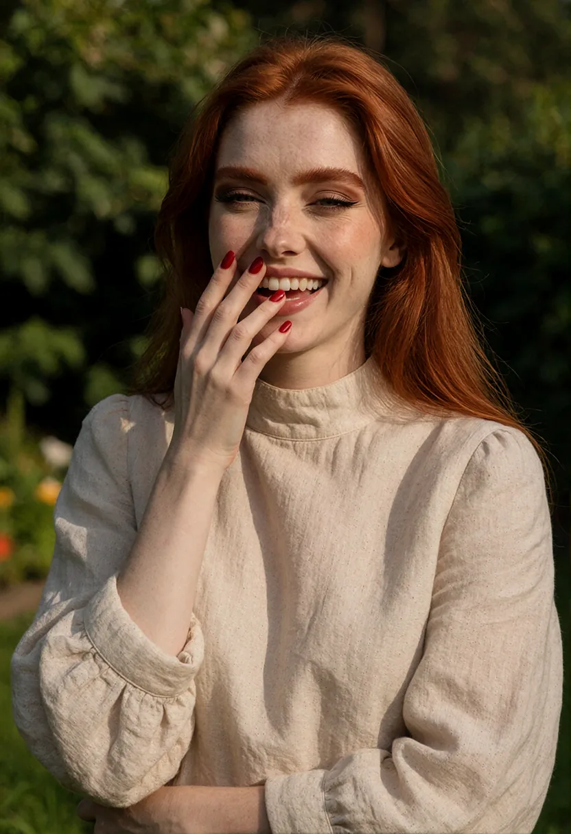 Aurora laughing with one hand over her mouth, in a cream linen blouse.