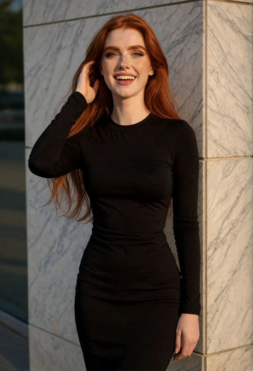 Aurora laughing in a fitted black dress against a pale marble wall.