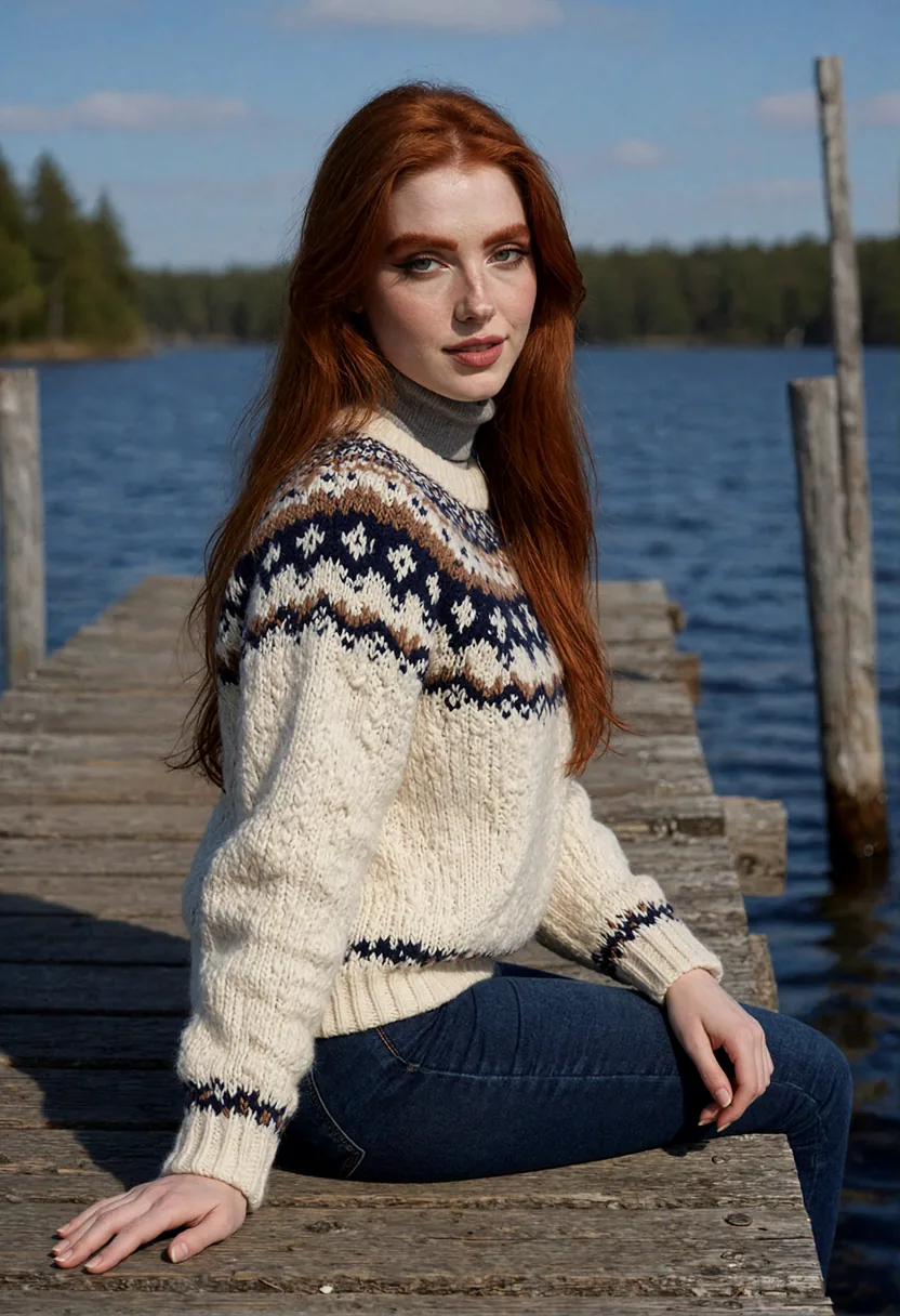 Aurora sitting on a wooden pier by a lake, in a patterned cream sweater and jeans.