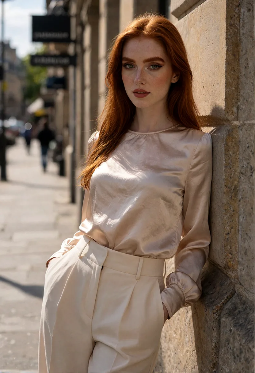Aurora in a cream satin blouse and trousers, leaning against a warm stone wall.